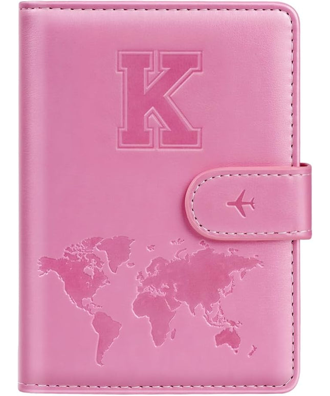 Passport Holder Cover Initail Letter A-Z Travel Wallet Embossed Design RFID Blocking Card Holder Personalized Gift Passport Cover Wallet, Passport Book Holders for Women and Girls, Pink-K