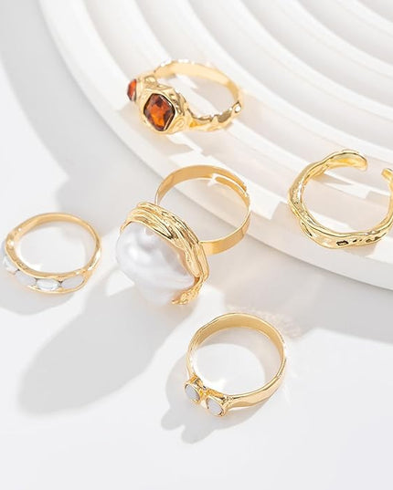 Chunky Gold Rings for Women Non Tarnish Statement Flower Ring Baroque Pearl Stackable Rings Set 6Pcs Chunky Jewelry