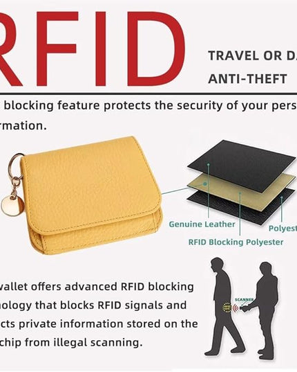 Mudono Small Wallet for Women RFID Blocking Genuine Leather Card Case Slim Tri-Fold Wallet with Zipper Pocket and Keychain