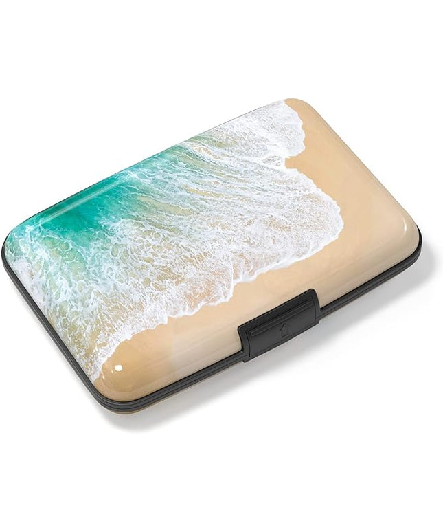Atufsuat Credit Card Holder, Mini Aluminum Card Wallet RFID Blocking Slim Metal Hard Card Case for Women Men, Beach