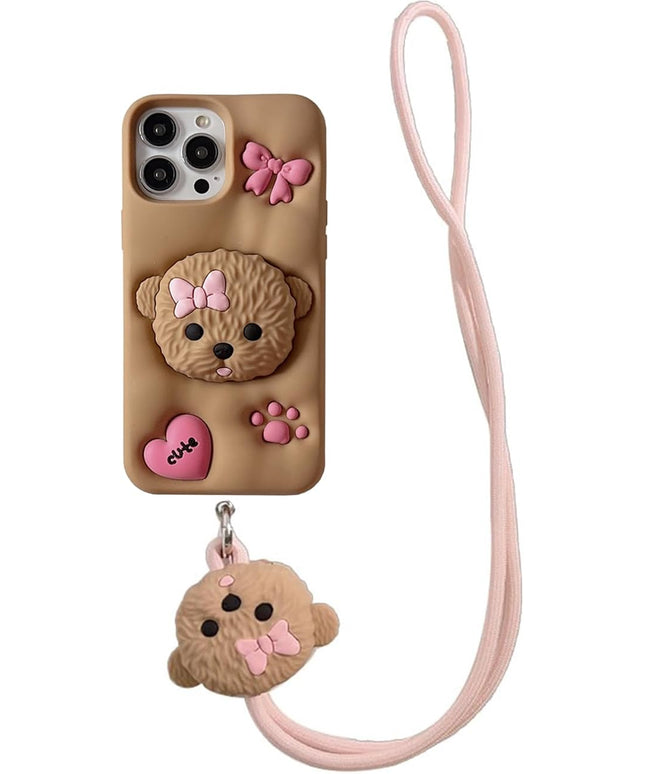 Case Compatible with iPhone 15 Pro Max,Cute 3D Kawaii Funny Dog Stand Brown Cartoon Cover with Keychain Soft Silicone Gel Drop Protector Women Girls