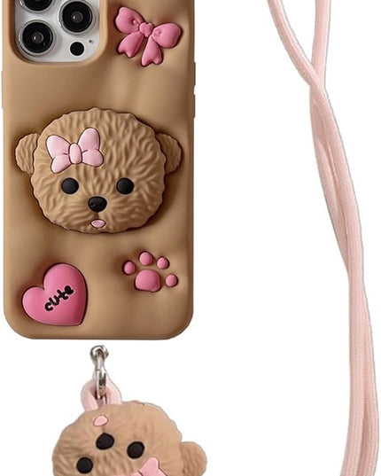 Case Compatible with iPhone 14 Pro Max,Cute 3D Kawaii Funny Dog Stand Brown Cartoon Cover with Keychain Soft Silicone Gel Drop Protector Women Girls