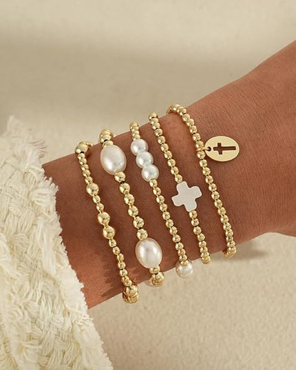 Gold Beaded Bracelets for Women, 14K Real Gold Plated Jewelry for Women Dainty Pearl Bead Bracelets Stack, Non Tarnish Trendy Stackable Ball Cross Stretch Bracelet Set Fashion Accessories Gifts