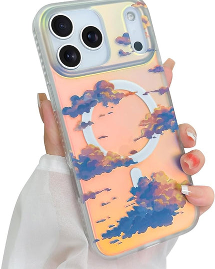 Cute Case for iPhone 17 Pro Max Case for Women Girls [ Compatible with Magsafe ] Aesthetic Cloud Pattern Design, Girly Glitter Sparkly Bling Protective Phone Cover, Iridescent Sun Set Sky