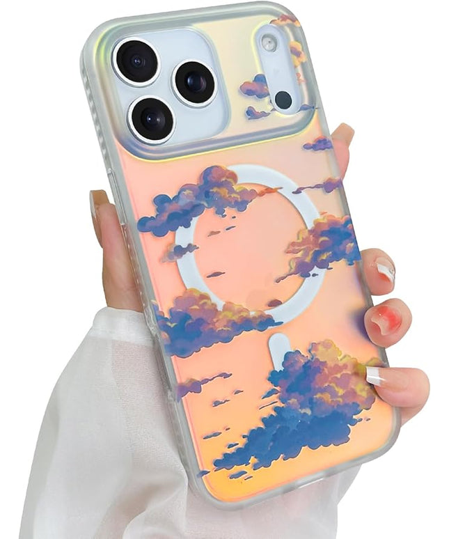 Cute Case for iPhone 17 Pro Case for Women Girls [ Compatible with Magsafe ] Aesthetic Cloud Pattern Design, Girly Glitter Sparkly Bling Protective Phone Cover, Iridescent Sun Set Sky