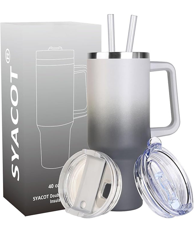 SYACOT 40 oz Tumbler with Handle and Straw Stainless Steel Insulated Tumbler Leak Proof Lid and Straw Lid Reusable Travel Mug Coffee Mug Cup Dishwasher Safe Keep Drinks Cold and Hot (Grey&Black)