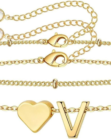 M MOOHAM Valentines Day Gifts for Kids Teen Girls -14K-Gold-Plated Heart Initial A-Z Bracelets for Women Girl Dainty Gold Bracelets Birthday Valentines Gifts for Women Her Teenage Girls Kid Teen Gift