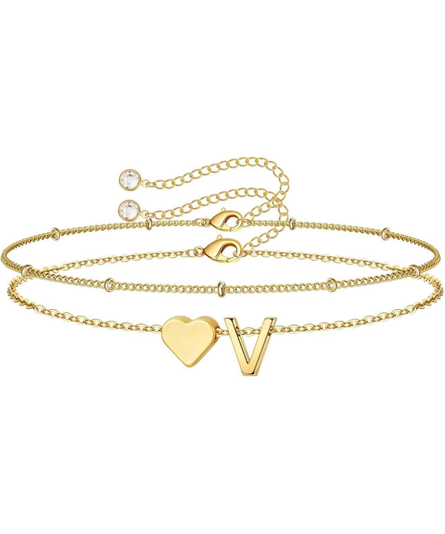 M MOOHAM Valentines Day Gifts for Kids Teen Girls -14K-Gold-Plated Heart Initial A-Z Bracelets for Women Girl Dainty Gold Bracelets Birthday Valentines Gifts for Women Her Teenage Girls Kid Teen Gift