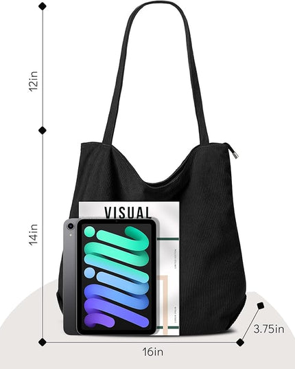 Iioscre Corduroy Tote Bag for Women,Hobo HandBags with Zipper,Large Capacity Casual Shoulder Handbags with Inner Pockets