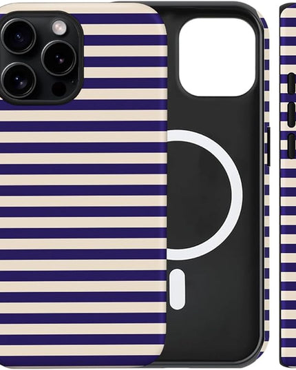 Magnetic for iPhone 14 Pro Max Case Cute Stripes Phone Case, Shockproof Slim TPU and Hard PC Protective Phone Cover Compatible with MagSafe Designed for Women Girls, Blue&Apricot
