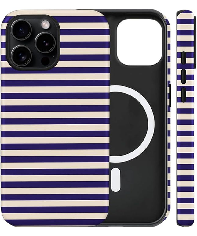Magnetic for iPhone 13 Pro Case Cute Stripes Phone Case, Shockproof Slim TPU and Hard PC Protective Phone Cover Compatible with MagSafe Designed for Women Girls, Blue&Apricot
