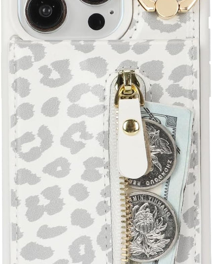 for iPhone 15 Pro Wallet Case with Card Holder, for iPhone 15 Pro Case Wallet with Strap Credit Card Slot, Crossbody Bag with Zipper Case for iPhone15 Pro - White Leopard