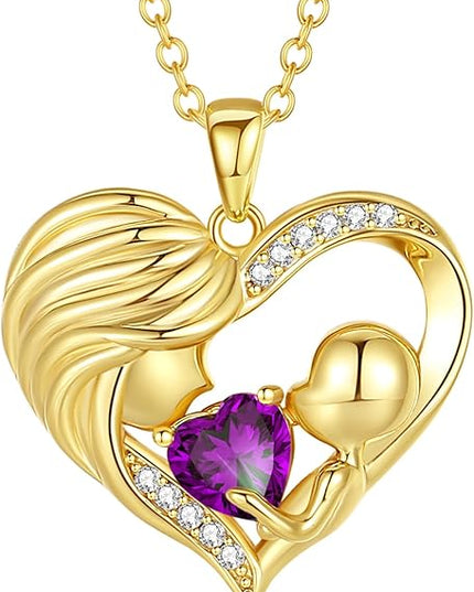 FANCIME Mom Birthstone Necklace Mother and Child Love Heart Necklace I Love You Mom Gifts Mothers Day Birthstone Jewelry Gifts for Grandmother Women Wife, 16"+2" Inches