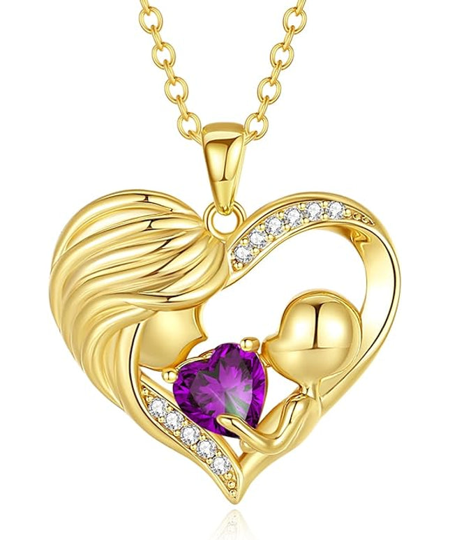 FANCIME Mom Birthstone Necklace Mother and Child Love Heart Necklace I Love You Mom Gifts Mothers Day Birthstone Jewelry Gifts for Grandmother Women Wife, 16"+2" Inches