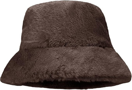 Women Plush Fluffy Bucket Hat Warm Lining Winter Faux Fur Cozy Wide Brim Winter