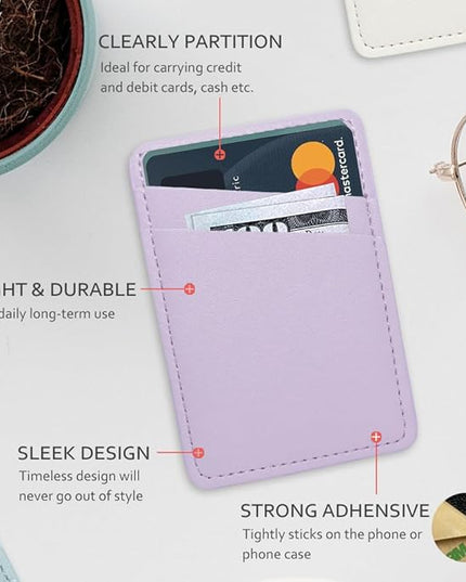 Phone Wallet Stick On, Leather Phone Card Holder, Credit Card Holder for Phone Case Compatible with iPhone, Samsung and Android - White, Purple
