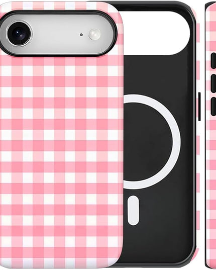 Magnetic for iPhone 17 Air Case Cute Checkered Stripes Phone Case for Women Girls, Shockproof Slim TPU and Hard PC Protective Phone Cover Compatible with MagSafe Designed, Red