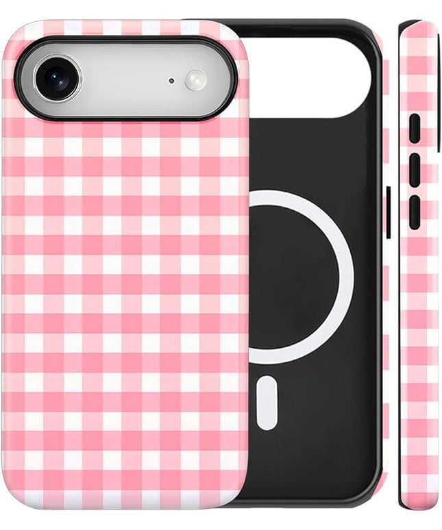 Magnetic for iPhone 17 Air Case Cute Checkered Stripes Phone Case for Women Girls, Shockproof Slim TPU and Hard PC Protective Phone Cover Compatible with MagSafe Designed, Red