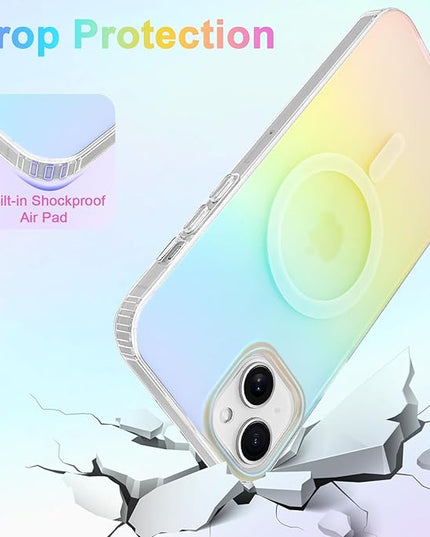 Cute Case for iPhone 14 Plus & iPhone 15 Plus Case for Women Girls [Compatible with Magsafe] Aesthetic Girly Glitter Rainbow Magnetic Protective Phone Cover, Translucent Iridescent Blue Pink