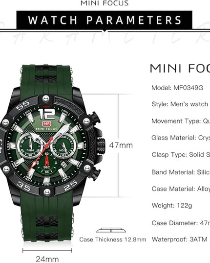 MF MINI FOCUS Men Watches Unique Casual Wrist Watches (Chronograph/Waterproof/Luminous/Calendar/24 Hours) Silicon Band Fashion Watches for Men