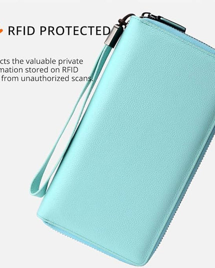 Bveyzi Women RFID Blocking Wallet Leather Zip Around Phone Clutch Large Capacity Ladies Travel Purse Wristlet | RFID Blocking, Zip Around, Large Capacity