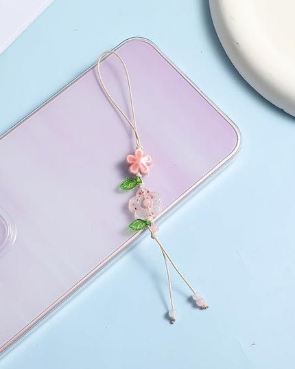 2 Pcs Flower Cute Phone Charm, Phone Chains Straps with Pink Ceramic Star Kawaii Phones Accessories Leaf Floral Wrist Lanyard Bracelet for Keys Bags Camera Pendants Decor