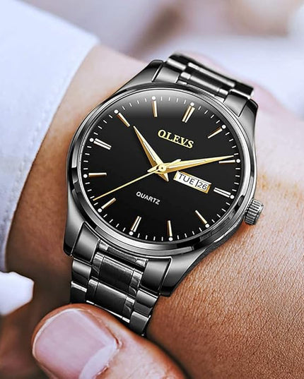 OLEVS Men's Luxury Watch Waterproof Luminous Easy Read Chronograph Watches Full Gold/White Dail/Black Face with Calendar Wristwatch
