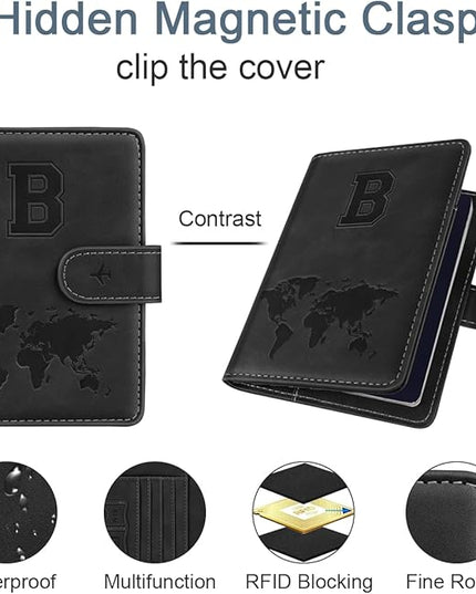 Passport Holder Wallet Cover Personalized Letter A-Z Travel Wallet RFID Blocking Passport Cover Wallet Case for Travel Passport Book Holders for Women and Men, Black-B