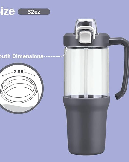 32oz Glass Water Bottle, 2-in-1 Straw and Sip Spout Lid, Leakproof Wide Mouth Tumbler with Handle, BPA-Free Reusable Bottle for Sports, Office, Outdoor, Grey