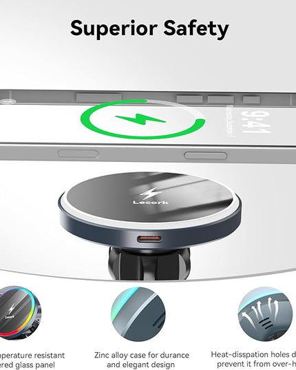 Lecork for Magsafe Car Mount Charger, 15W Air Vent Magnetic Wireles Car Mount Charger for iPhone 17 Pro Max Accessories, Car Phone Holder for iPhone 17 16 15 14 13, Zinc Alloy Case, Deep Grey