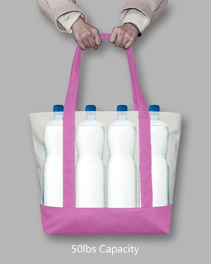 TOPDesign 6-Pack Canvas Tote Bags with an External Pocket, Reusable Grocery Shopping Bags, Top Zipper Closure, Daily Essentials (Light Purple/Natural)