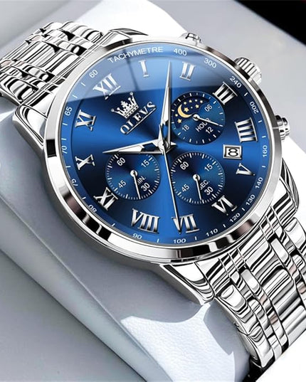 OLEVS Mens Watch Luxury Big Face Stainless Steel Analog Quartz Multifunctional Waterproof Luminous Date Two Tone Fashion Dress Wrist Watches for Man