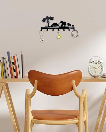 BooWoodNeonMetal Elephant Family Metal Key Hook Rack - African Savannah Sunset Wall Decor - Practical and Artistic Key Organizer, Hallway, Kitchen, Office