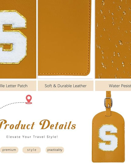 Initial Passport Cover Holder and Luggage tag Set,PU Leather Passport Case Travel Suitcase Tag with Letter Patch, Personalized Travel Luggage Accessories Gifts for Women Grils Teenage Ginger W