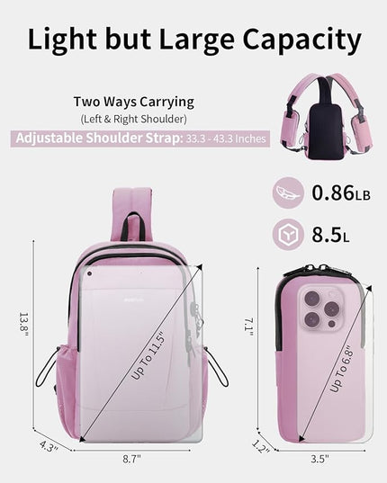 ECOHUB Anti-Theft Crossbody Bag Men Women, RFID Blocking Lightweight Sling Backpack Eco-Friendly with 9 Pockets Sturdy SBS Zippers Water Resistant for Travel Work Hiking Outdoor, Pink
