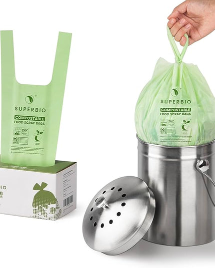 SUPERBIO 1.6 Gallon Handle Tie Compostable Food Scrap Bags For Counter Top Compost Bin, Small Compost Bags, 50 Count, 6 Liter, BPI & OK compost INDUSTRIAL Certified