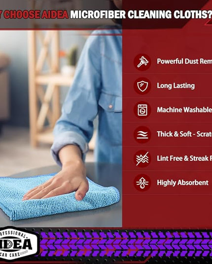 AIDEA Microfiber Cleaning Cloth Blue 10PK, Microfiber Towels for Cars, Premium Car Cloths, Dusting Cloth Lint Free Cleaning Rags for SUVs, House, Kitchen, Window, Workshops,12×12"
