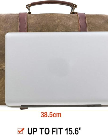 Mens Messenger Bag 15.6 Inch Waterproof Vintage Genuine Leather Waxed Canvas Briefcase Large Satchel Shoulder Bag Rugged Leather Computer Laptop Bag, Khaki