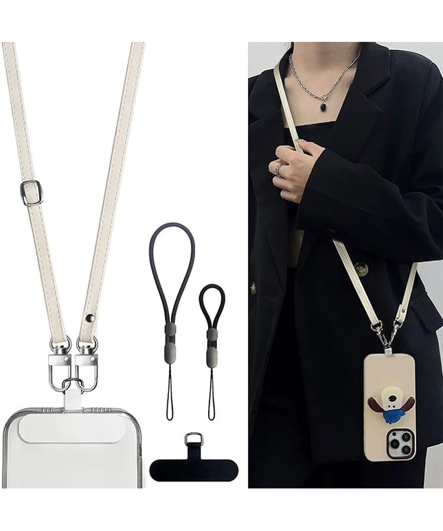 BFSD·DM Phone Crossbody Strap, 2× Pads,1× Leather,1× Phone Wrist Strap,1× Adjustable Finger Strap,Crossbody Phone Lanyards,Compatible with Most Smartphones(Pale Apricot)