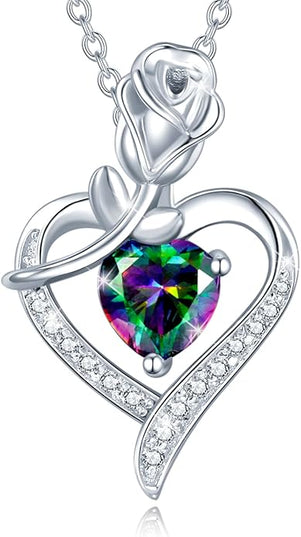 AGVANA Christmas Gifts Rosy Reverie Birthstone Necklace for Women Sterling Silver Genuine or Created Gemstone Rose Flower Heart Pendant Necklace Anniversary Birthday Gifts for Women Mom Wife Her