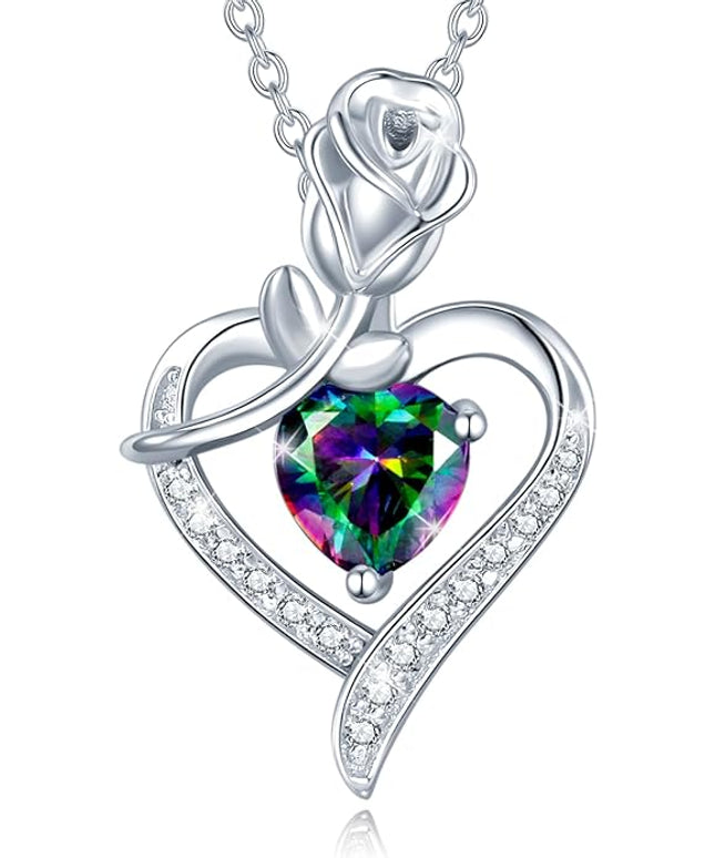 AGVANA Christmas Gifts Rosy Reverie Birthstone Necklace for Women Sterling Silver Genuine or Created Gemstone Rose Flower Heart Pendant Necklace Anniversary Birthday Gifts for Women Mom Wife Her