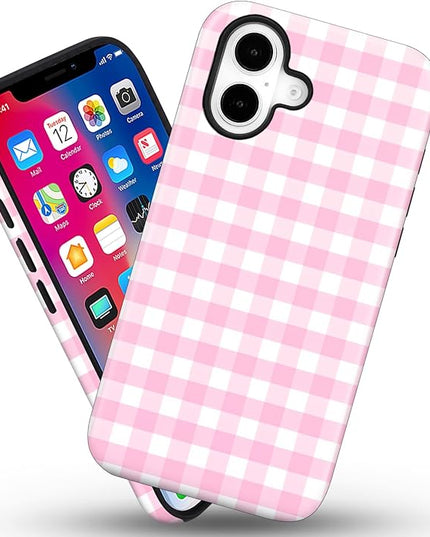 Magnetic for iPhone 17 Case Cute Checkered Stripes Phone Case for Women Girls, Shockproof Slim TPU and Hard PC Protective Phone Cover Compatible with MagSafe Designed, Pink