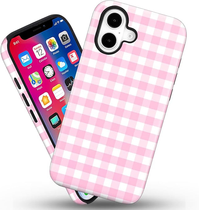 Magnetic for iPhone 16 Case Cute Checkered Stripes Phone Case for Women Girls, Shockproof Slim TPU and Hard PC Protective Phone Cover Compatible with MagSafe Designed, Pink