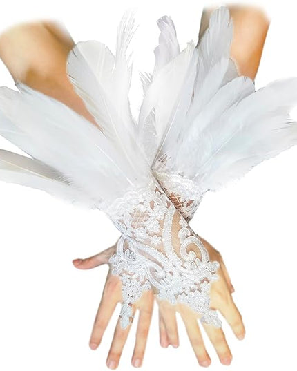 Women's Long Gothic Lace Gloves Feather Fingerless Gloves Stretch Wrist Cuffs for Wedding Party Halloween