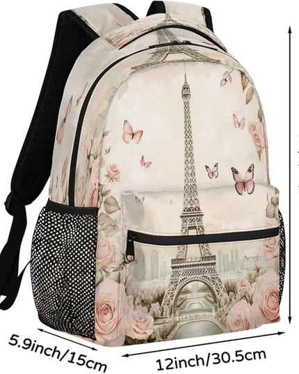 Large Backpack with 15.6 Inch Laptop Compartment, Retro Paris Tower Roses Adult Backpack for Work, Travel & School College Boys Girls