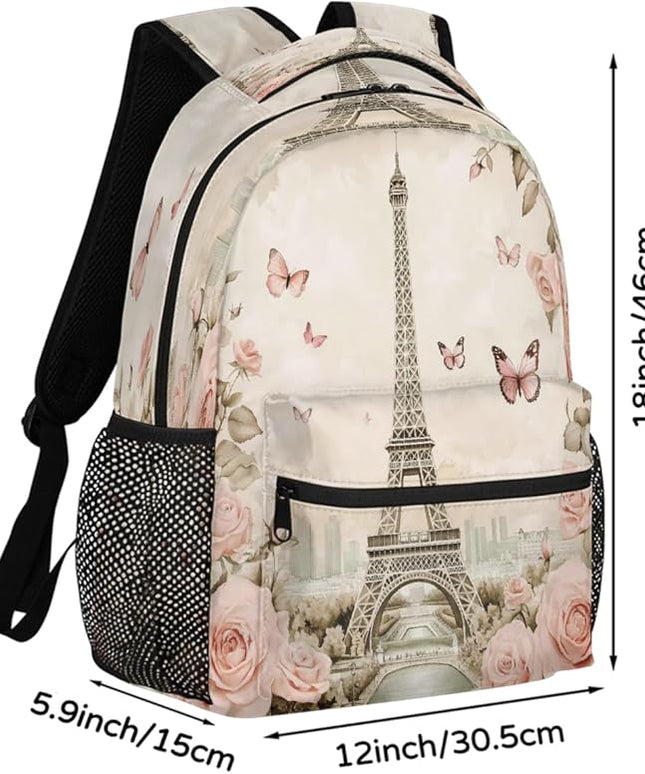 Large Backpack with 15.6 Inch Laptop Compartment, Retro Paris Tower Roses Adult Backpack for Work, Travel & School College Boys Girls