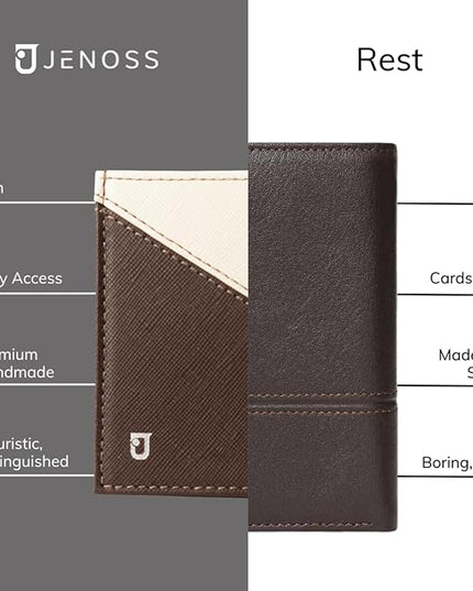 Jenoss Smart Wallet For Men: Full Grain Leather, Handcrafted, Slide Metal Pop Up Case, Slim RFID Blocking Credit Card Holder, Compact 12 Cards Slot Organizers, ID, Money Clip (Brown & Cream)