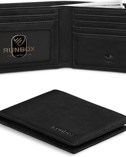 RUNBOX Wallet for Men Slim Leather Bifold RFID Blocking Minimalist Front Pocket Design with Gift Box