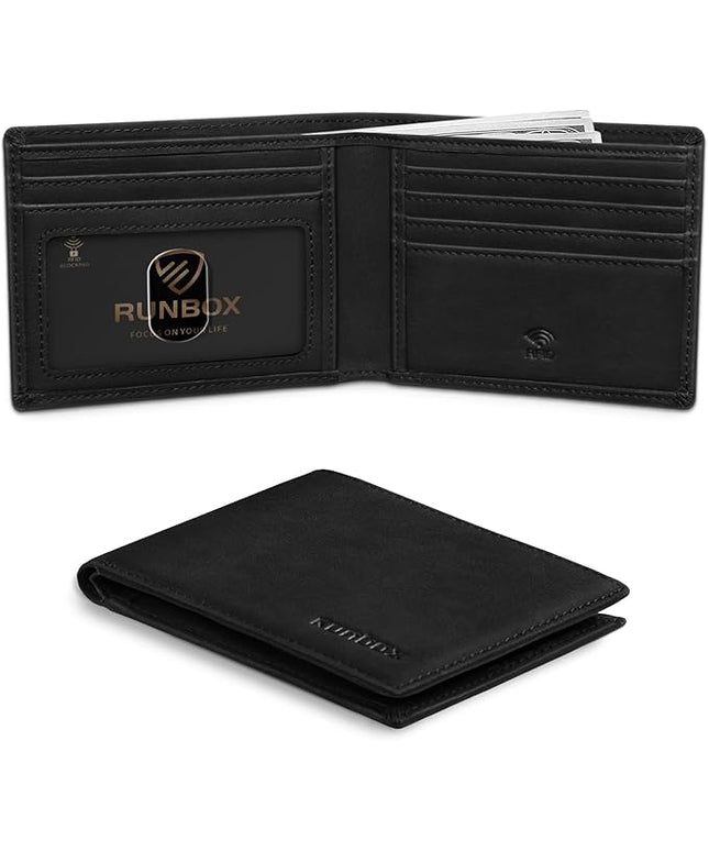 RUNBOX Wallet for Men Slim Leather Bifold RFID Blocking Minimalist Front Pocket Design with Gift Box