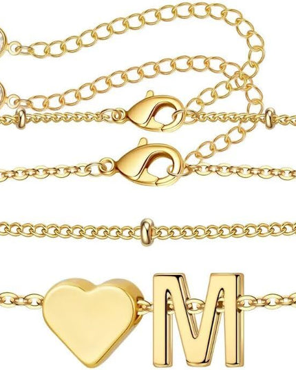 M MOOHAM Valentines Day Gifts for Kids Teen Girls -14K-Gold-Plated Heart Initial A-Z Bracelets for Women Girl Dainty Gold Bracelets Birthday Valentines Gifts for Women Her Teenage Girls Kid Teen Gift